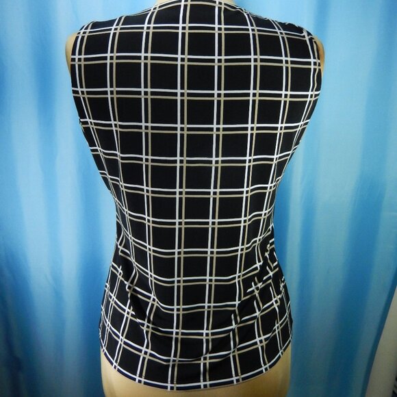 Calvin Klein Taupe & White on Black Scoop Neck Sleeveless Career Top Size Lg EUC - Picture 4 of 12